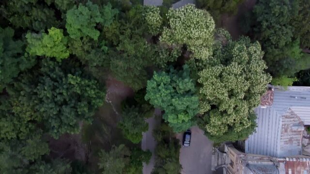 Flight on a quadcopter over an ancient estate at sunset in Pyatigorsk.