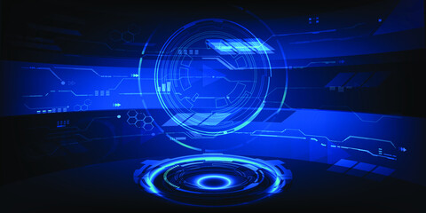 Digital modern hi tech stage layout  with neon blue pedestal digital element for showcase background.Vector illustrations.