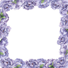 Watercolor square frame with large lilac flowers peonies on a white background. Illustrations for postcards, posters, fabrics, decor, packaging