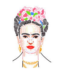 Mexican artist Magdalena Carmen Frida Kahlo was born on July 6, 1907, who painted many portraits and self-portraits. Vector illustration
