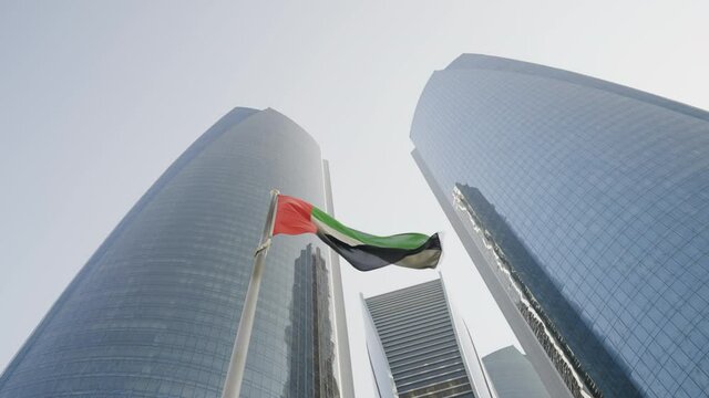waving flag against the background of tall houses