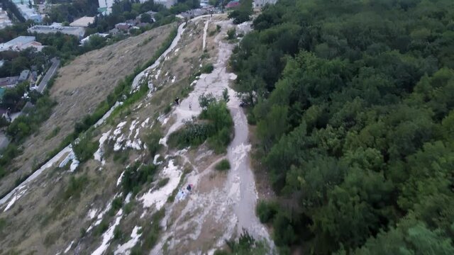 Flight on a quadcopter over the mountain at sunset in Pyatigorsk.