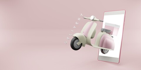 Product delivery via phone application with a wheeled motorcycle 3d illustration