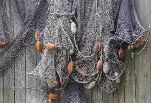Old fishing net on a wooden fence. Background