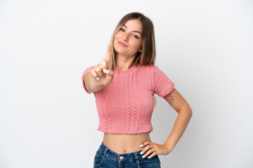 Fototapeta premium Young Romanian woman isolated on white background showing and lifting a finger