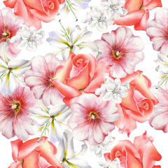 Bright seamless pattern with flowers. Mallow. Rose. Lily. Watercolor illustration. Hand drawn. - 450757248