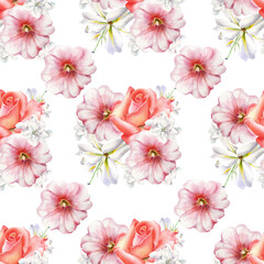 Bright seamless pattern with flowers. Mallow. Rose. Lily. Watercolor illustration. Hand drawn.