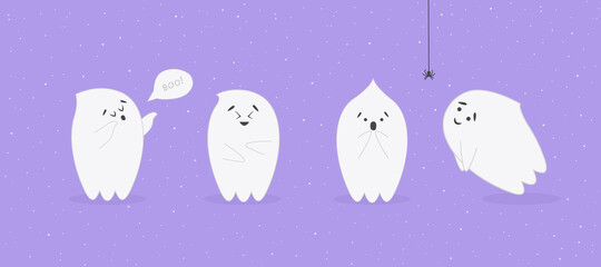 Cute little ghosts on purple background. Cartoon characters  for funny Halloween greeting card design.
