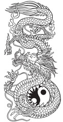 Fototapeta premium Traditional Chinese or East Asian dragon and yin yang symbol of harmony and balance. Feng Shui theme. Black and white tattoo. Graphic style vector illustration 