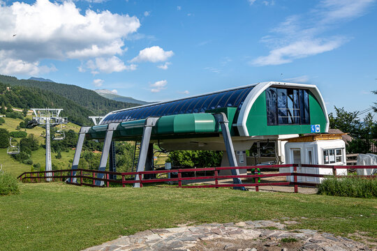 PARANG RESORT, HUNEDOARA, ROMANIA -  JULY 11, 2021: Chairlift station
 in the mountain resort Parang