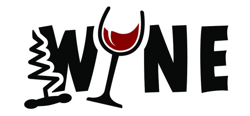 Slogan wine with wine glass, wine bottle and corkscrew. Enjoy and chill, just relax, cheers. Funny vector wineglass toasting quotes for banner. Happy weekend party idea concept.