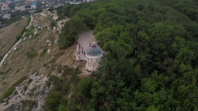 Flight on a quadcopter over the mountain at sunset in Pyatigorsk.