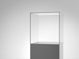 Glass pedestal showcase. Gray product display. Metallic. 3d illustration.
