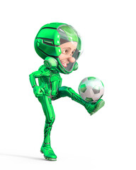 mini astronaut cartoon is kicking the football ball