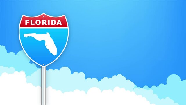Florida map on road sign. Welcome to State of Florida. Motion graphics.