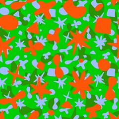 Abstract seamless pattern. Orange, lilac, green biomorphic elements on a green background. Stars, circles, drops, lines, spots, bubbles.