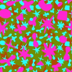 Memphis seamless pattern. Pink, purple, blue geometric shapes on a green background.