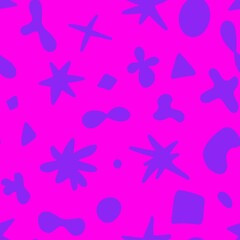 Abstract seamless pattern. Lilac  biomorphic elements on a purple background. Stars, circles, drops, lines, spots, bubbles.