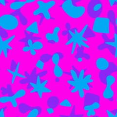 Abstract seamless pattern. Blue, lilac, cyan, purple biomorphic elements on a pink background. Stars, circles, drops, lines, spots, bubbles.