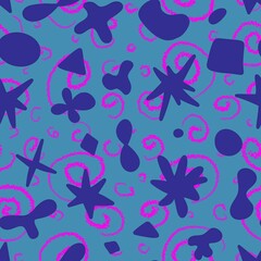 Abstract seamless pattern. Pink, blue biomorphic elements on a blue background. Stars, circles, drops, lines, spots, bubbles.