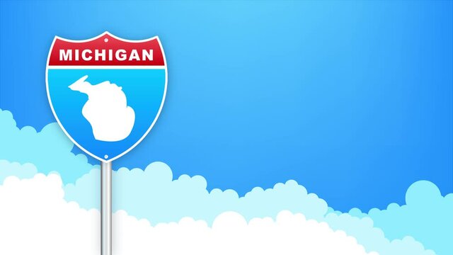 Michigan map on road sign. Welcome to State of Louisiana. Motion graphics.