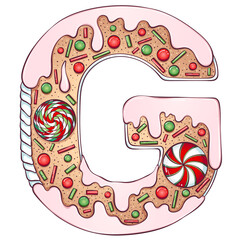 Letter G. Gingerbread Cookies in the form of letters g. Cartoon color vector font made in hand drawn line art style isolated on white. Lettering logo template. Christmas or New Year concept design.