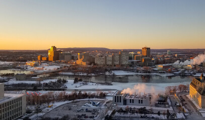 Aerial sunset cityscape of Ottawa, Ontario, Canada in Winter