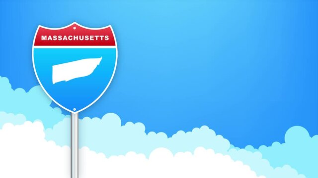 Massachusetts map on road sign. Welcome to State of Louisiana. Motion graphics.