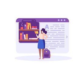 Online Library. Woman Reading Book with Digital Library Service. Student Studying with Archive of Book. Concept of Electronic Library, Online Book Store, Ebook. Vector illustration for Web Design