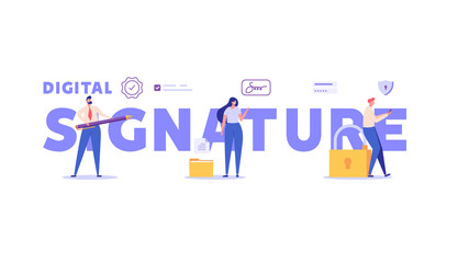 People signing contract with digital pen with sign. Digital signature, business contract, electronic contract, e-signature concept. Vector illustration in flat design for web banner, mobile app