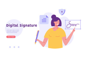 Business woman signing contract with digital pen on phone. Digital signature, business contract, electronic contract, e-signature concept. Vector illustration for web banner, mobile app