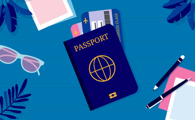 Passport and plane tickets on table - Ready to travel on vacation concept. Vector illustration