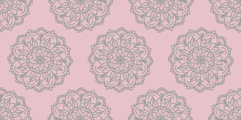 Beautiful elegant mandala seamless pattern. Floral decorative round ornament in grey pink pastel colors. Vector background for yoga, spa, mehndi studio, beauty salon. Arabic, Indian oriental print