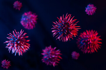 Covid 19 virus on a dark background. Coronavirus infection medical concept. Mixed media.