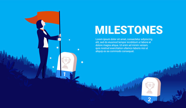 Businesswoman milestone - Woman planting flag on hilltop after reaching business milestones. Achievement concept. Vector illustration.