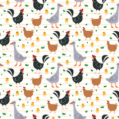 Seamless pattern with cartoon funny birds geese, chickens and chickens. Children s drawing hand-drawn with cute characters of farm birds in the style of minimalism. Vector illustration for design