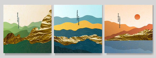 Vector graphic illustration. Abstract landscape. Mountains, hills. Japanese wavy pattern. Backgrounds collection. Asian style. Design for social media template, web banner. Gold splashes, foil texture