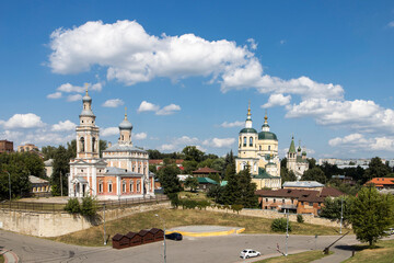 three churches on the Cathedral Hill - Assumption, Elijah the Prophet and Trinity, view from the Serpukhov Kremlin. Moscow region, Russia