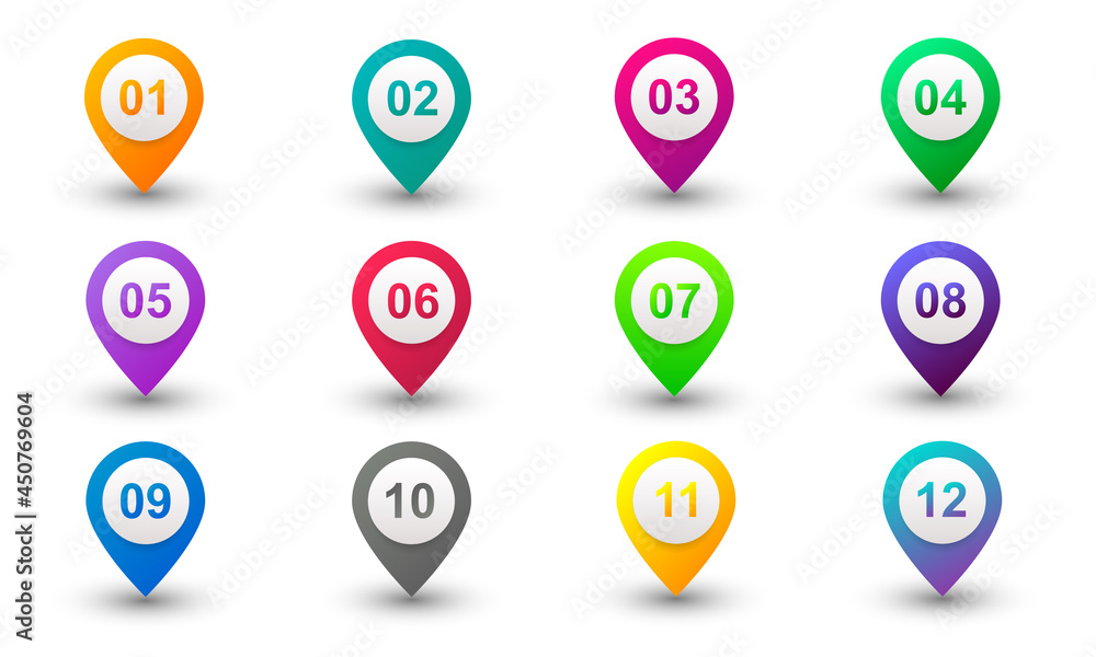 Poster vector illustration bullet point set. marker in retro colour. pins with number 1 to 12