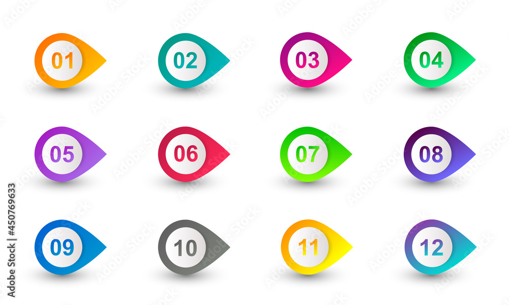 Poster colourful gradient arrow bullet point set with number from 1 to 12.