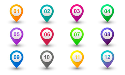 Vector illustration bullet point set. Marker in retro colour. Pins with number 1 to 12