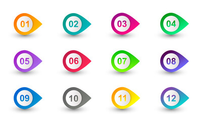 Colourful gradient arrow bullet point set with number from 1 to 12.
