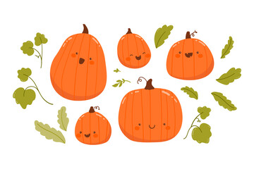 Vector autumn set of pumpkins with leaves. Cute happy characters isolated on white background