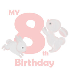 Children's greeting card with number and bunnies. An illustration for a holiday, a party and invitations. Decoration for the interior. Children's birthday