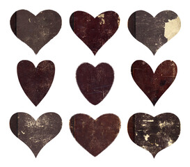 Fototapeta premium Set of nine hearts with textures. The collection includes scratched brown paper (covers of old books). Perfect for design.