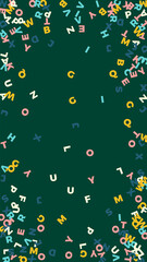 Falling letters of English language. Pastel flying words of Latin alphabet. Foreign languages study concept. Ideal back to school banner on blackboard background.