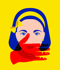domestic violence against children - red hand over girl's mouth with bow in hair - silenced child
