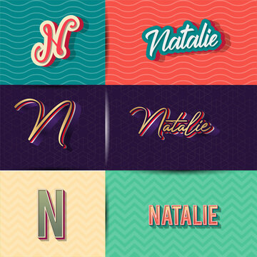 name Natalie in various Retro graphic design elements, set of vector Retro Typography graphic design illustration