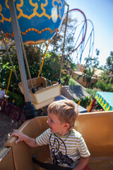 Vertical photo boy toddler sits at a booth in the carrousel. Happy baby is at at amusement park . Smiling boy rides art attraction in a fairground. Leisure with family.