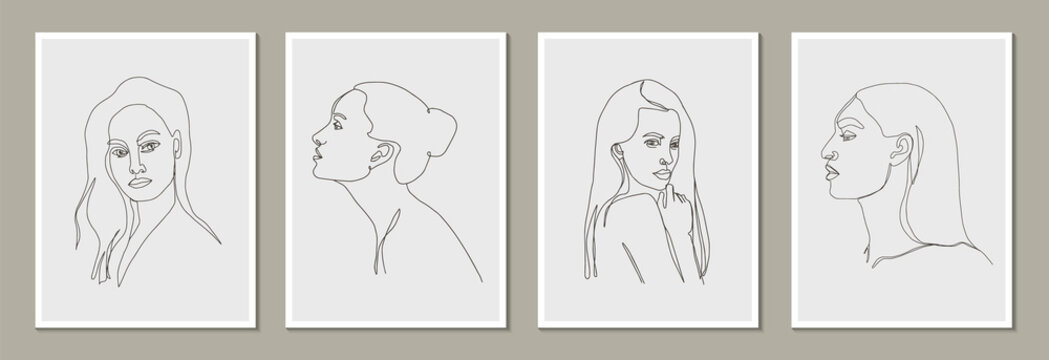 Set of posters template with minimalistic female figure. Woman portraits. One line art female body, faces. Modern abstract line art style. Vector illustration. 